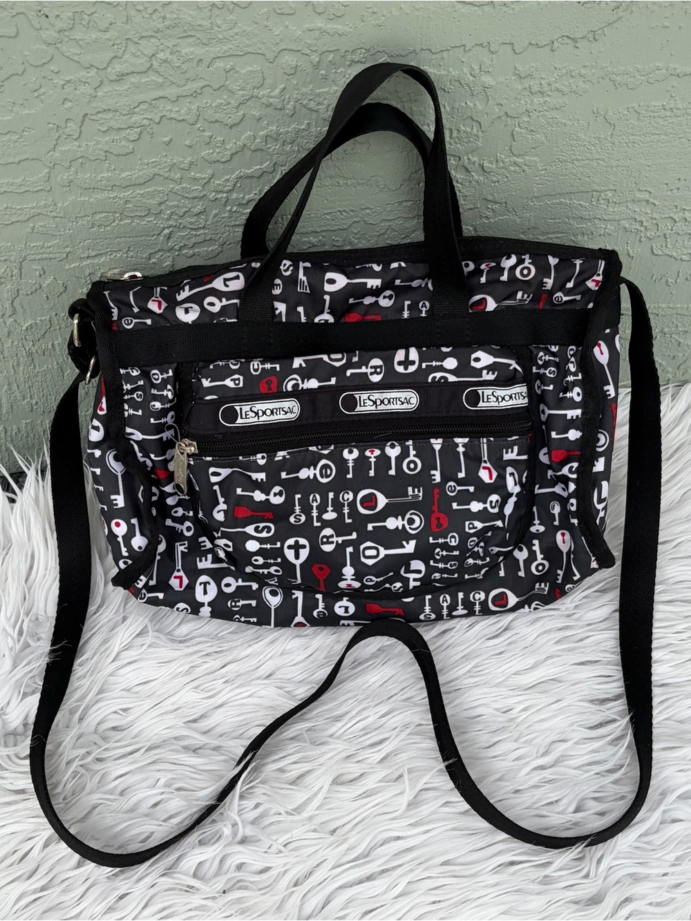 Lesportsac Black Bag with Red & White Key Print
